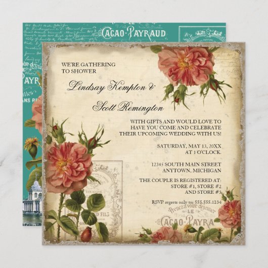 Aquamarine Creme Vintag Eiffelturm Dusche Einladung (Vorne/Hinten)