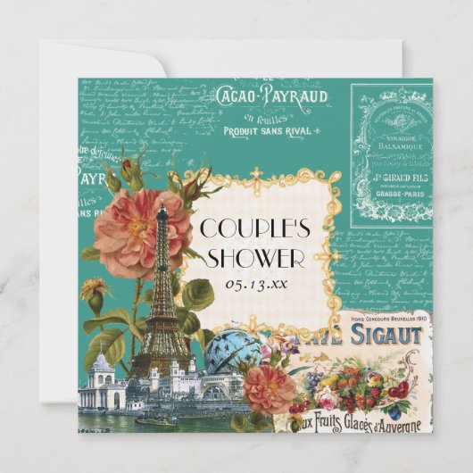 Aquamarine Creme Vintag Eiffelturm Dusche Einladung (Rückseite)