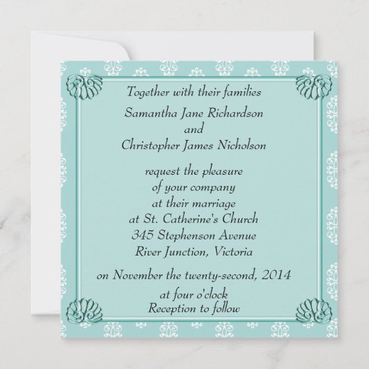 Aquamarine Damasehe Einladung (Rückseite)