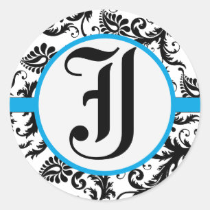 Aquamarine Damask Monogram Wedding Stickers