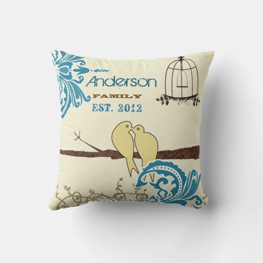 Aquamarine Damaskus Love Bird Birdcage etabliert Kissen (Rückseite)