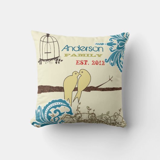 Aquamarine Damaskus Love Bird Birdcage etabliert Kissen (Vorderseite)