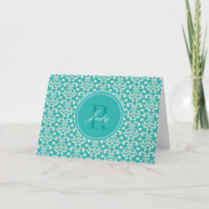 Aquamarine Damast-Monogramm-Mitteilungskarten