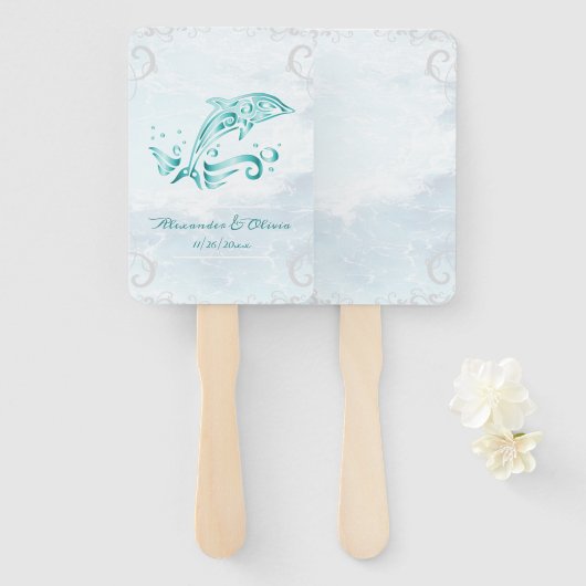Aquamarine Dolphin-Gastgeschenk Hochzeit Handfäche Fächer (Vorne und Hinten)