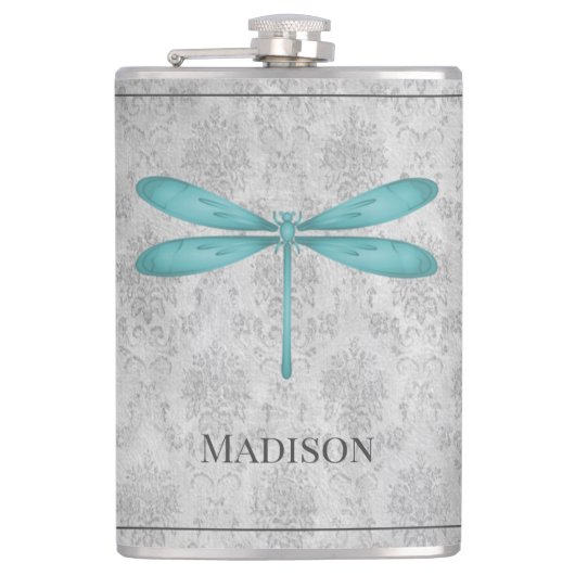 Aquamarine Dragonfly-Damask-Flasche Flachmann (Vorderseite)