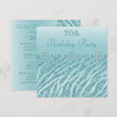Aquamarine Druckjuwelen u. Zebra-Glitzer-20. Einladung (Vorne/Hinten)
