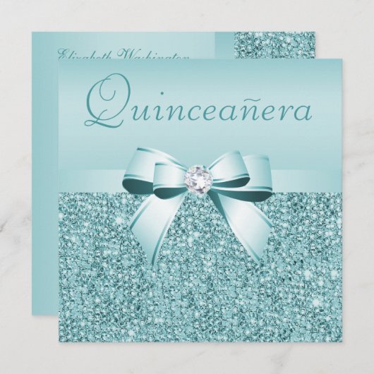 Aquamarine DruckSequins u. Bogen Quinceanera Einladung (Vorne/Hinten)