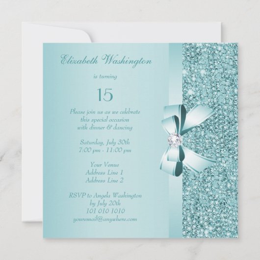 Aquamarine DruckSequins u. Bogen Quinceanera Einladung (Rückseite)