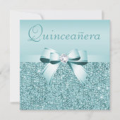 Aquamarine DruckSequins u. Bogen Quinceanera Einladung (Vorderseite)