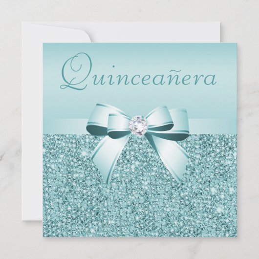 Aquamarine DruckSequins u. Bogen Quinceanera Einladung (Vorderseite)