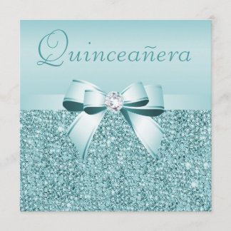 Aquamarine DruckSequins u. Bogen Quinceanera Einladung