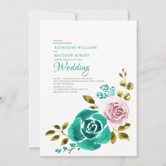 Aquamarine Dusty Rose Blush Blumenzehen Einladung (Vorderseite)