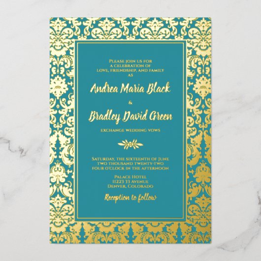 Aquamarine Echt-Gold-Foil-Damaskus-Hochzeit Folieneinladung (Vorderseite)