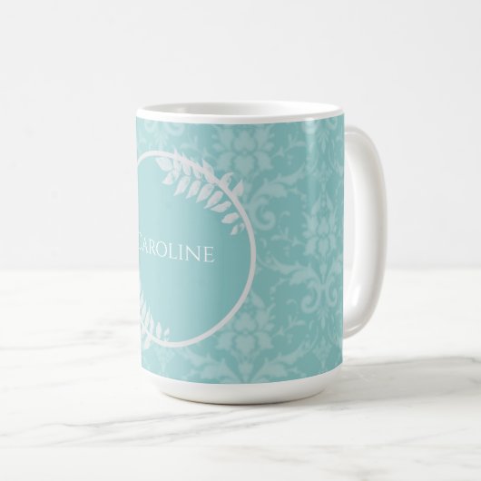 Aquamarine elegante Damask Personalisierte Kaffee- Kaffeetasse (VorderseiteRechts)