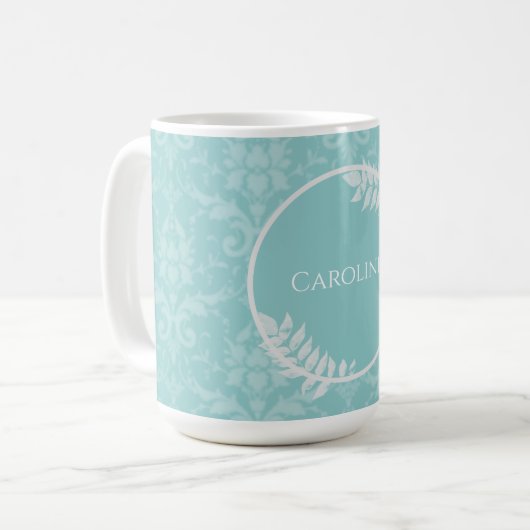 Aquamarine elegante Damask Personalisierte Kaffee- Kaffeetasse (Vorderseite Links)