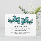Aquamarine Elegante Drachen Save the Date einladen Einladung (Stehend Vorderseite)