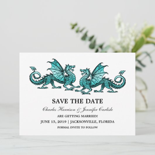Aquamarine Elegante Drachen Save the Date einladen Einladung (Stehend Vorderseite)