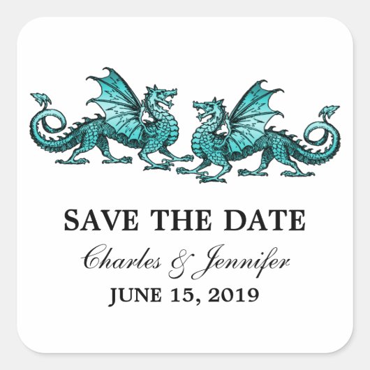 Aquamarine Elegante Drachen Save the Date Stickers (Vorderseite)