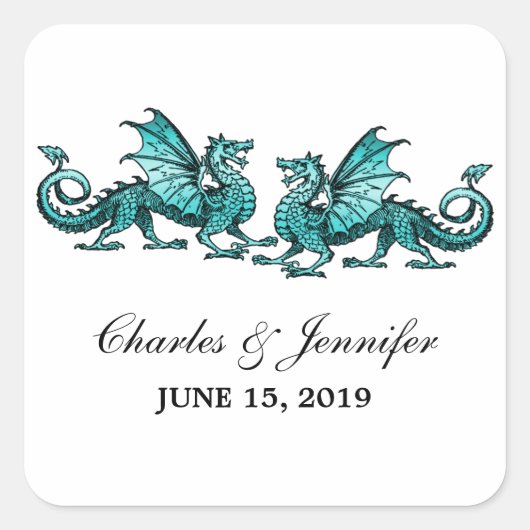 Aquamarine Elegante Dragons Hochzeitskleber Quadratischer Aufkleber (Vorderseite)