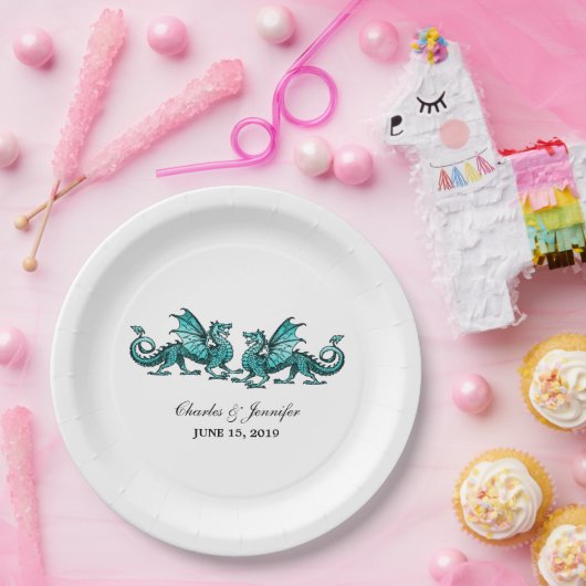 Aquamarine elegante Dragons Hochzeitspapier-Teller Pappteller (Party)