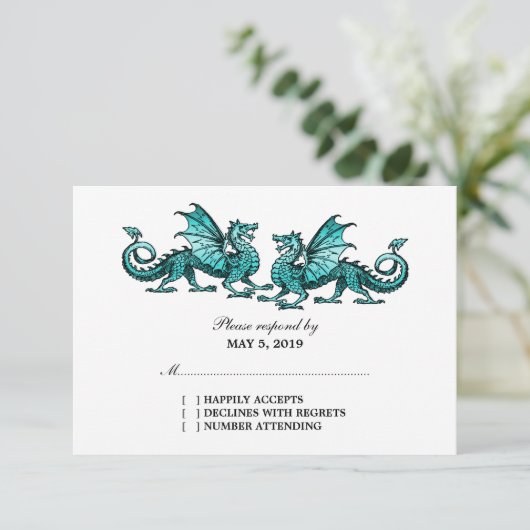 Aquamarine Elegante Dragons Wedding Response Card RSVP Karte (Stehend Vorderseite)