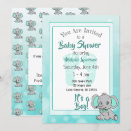 Aquamarine Elephant Baby Dusche Einladung