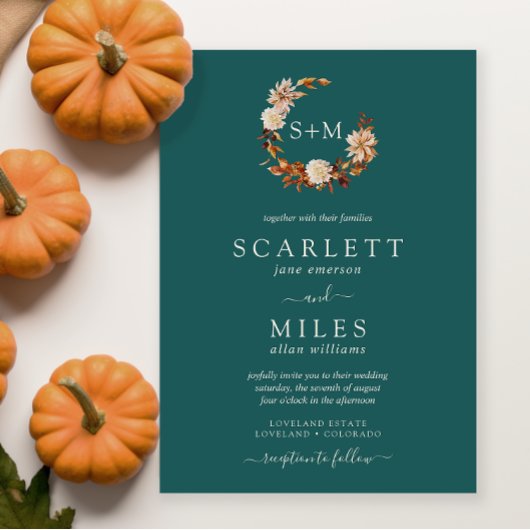 Aquamarine Fall Terracotta Monogram Wreath Wedge Einladung