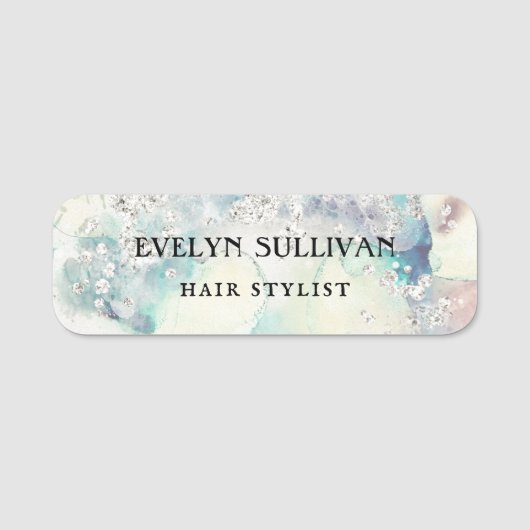 Aquamarine Farbe Silber Glitzer Namensschild (Vorderseite)