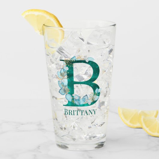 Aquamarine Farbe und Goldmonogramm Buchstaben B Glas (Vorderseite Ice)