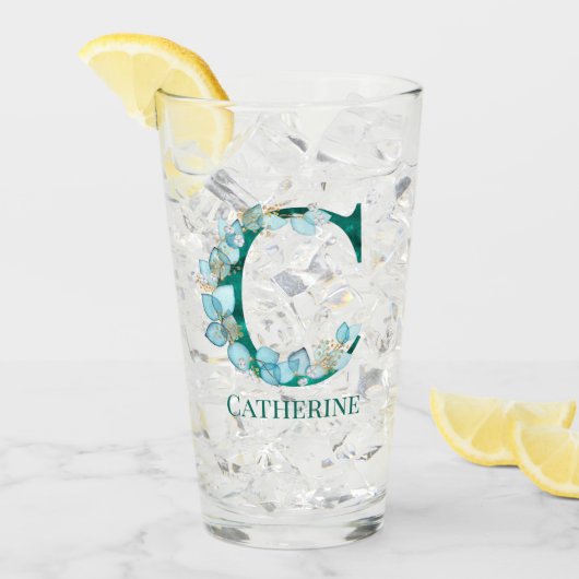 Aquamarine Farbe und Goldmonogramm Buchstaben C Glas (Vorderseite Ice)