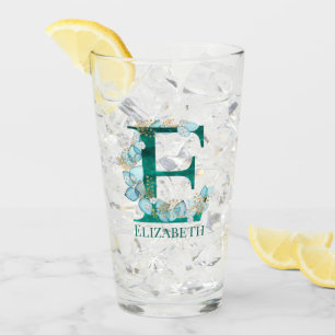 Aquamarine Farbe und Goldmonogramm Buchstaben E Glas