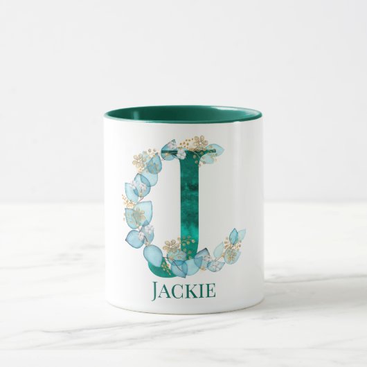 Aquamarine Farbe und Goldmonogramm Buchstaben J Tasse (Zentrum)