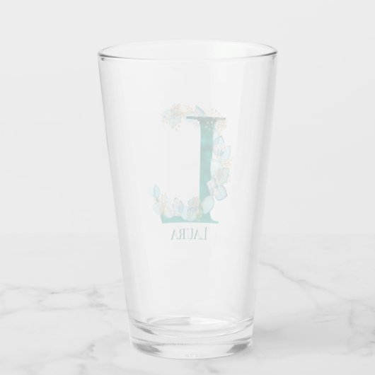 Aquamarine Farbe und Goldmonogramm-Buchstaben L Glas (Rückseite)