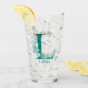 Aquamarine Farbe und Goldmonogramm-Buchstaben L Glas