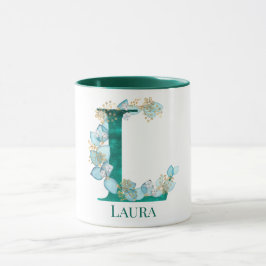 Aquamarine Farbe und Goldmonogramm-Buchstaben L Tasse