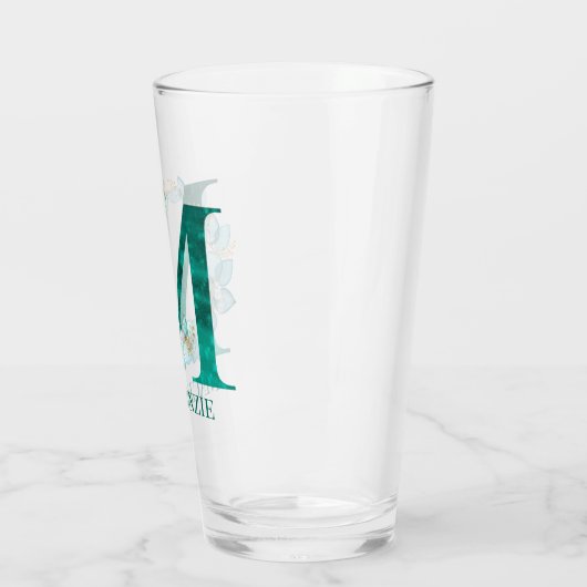 Aquamarine Farbe und Goldmonogramm-Buchstaben M Glas (Links)