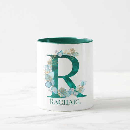 Aquamarine Farbe und Goldmonogramm-Buchstaben R Tasse (Zentrum)