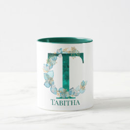 Aquamarine Farbe und Goldmonogramm-Buchstaben T Tasse
