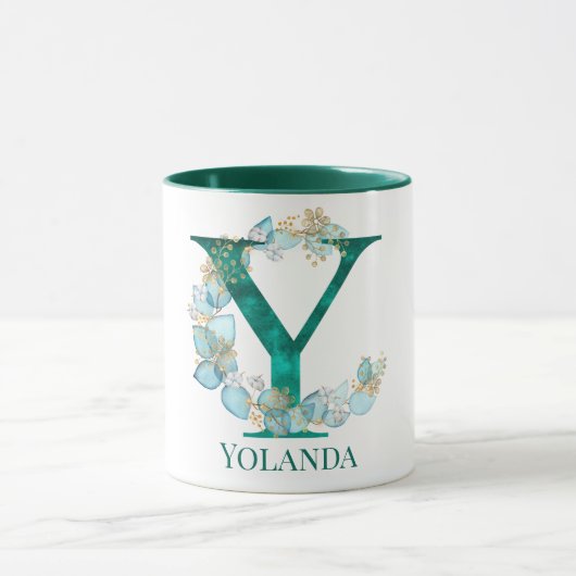 Aquamarine Farbe und Goldmonogramm Buchstaben Y Tasse (Zentrum)