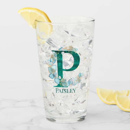 Aquamarine Farbe und Goldmonogramm-Letter P Glas (Vorderseite Ice)