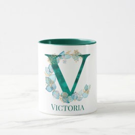 Aquamarine Farbe und Goldmonogramm Letter V Tasse