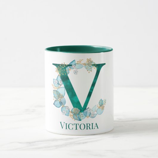 Aquamarine Farbe und Goldmonogramm Letter V Tasse (Zentrum)