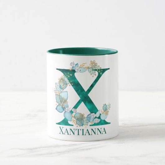 Aquamarine Farbe und Goldmonogramm-Letter X Tasse (Zentrum)