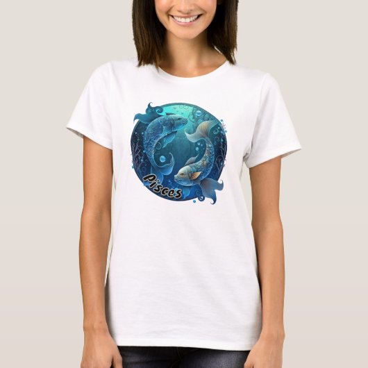 Aquamarine Fische und schwarze Wasserfarbe Zodiac T-Shirt (Vorderseite)