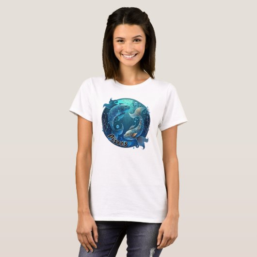 Aquamarine Fische und schwarze Wasserfarbe Zodiac T-Shirt (Vorne ganz)
