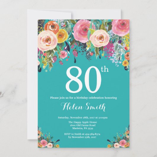 Aquamarine Flora 80. Geburtstag Einladung (Vorderseite)