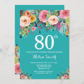 Aquamarine Flora 80. Geburtstag Einladung (Vorne/Hinten)