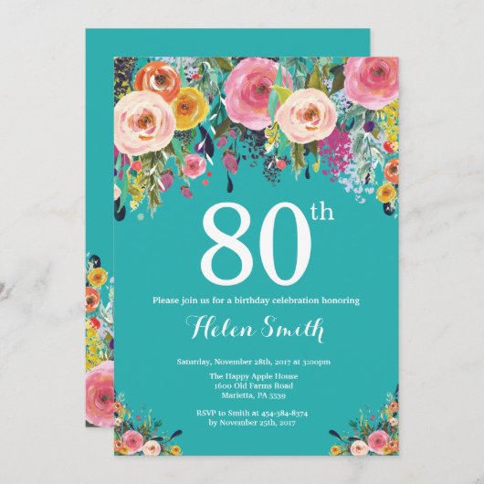 Aquamarine Flora 80. Geburtstag Einladung (Vorne/Hinten)