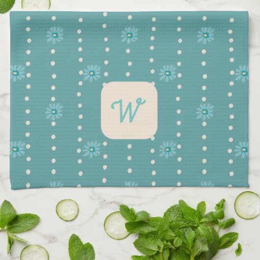 Aquamarine florale Monogram Kitchen Teetuch Geschirrtuch (Gefaltet)