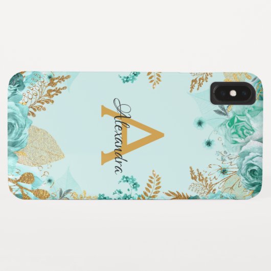 Aquamarine florale Rose und Monogramm Case-Mate iPhone Hülle (Rückseite (Horizontal))